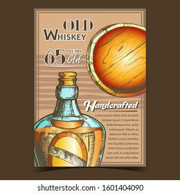 Handcrafted Old Whiskey Advertising Banner Vector. Blown Scotch Bottle With Style Cork Cap And Blank Label Of Traditional Alcoholic Beverage And Ancient Wooden Barrel. Colored Illustration