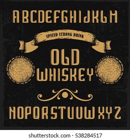 Handcrafted 'Old whiskey' font with a ribbon and barrels, vintage background 