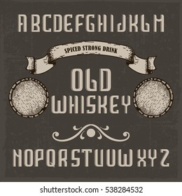 Handcrafted 'Old whiskey' font with a ribbon and barrels, vintage background 