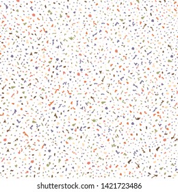 Handcrafted orange, blue and green terrazzo speckled mosaic . Dense seamless repeat vector pattern on cool white background. Perfect for wellness, cosmetic products, fabric, stationery,packaging