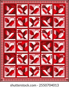Handcrafted Patchwork Quilt Pattern with Birds in Red Tones - Cozy Christmas Vibes. Geometric Block Design, Festive Holiday hand-made Quilt Illustration, not AI