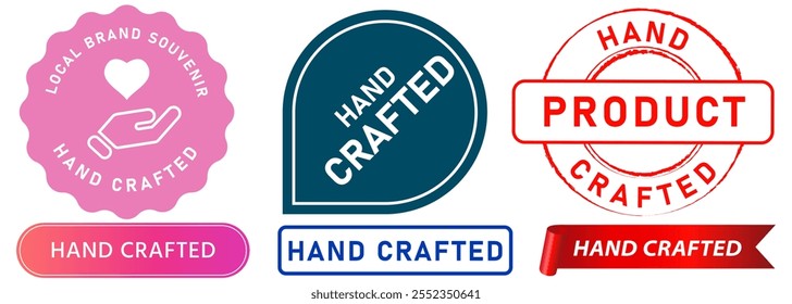 Handgefertigtes Produkt handgemachte Handwerker Verpackung Stempel bunten Abzeichen Emblem Aufkleber Etikett Banner Band Herz Liebe Handzeichen Logo Design Symbol Set Kollektion