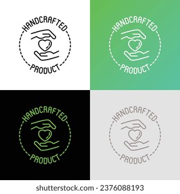Handcrafted product sign: hands with heart in circle. Thin line icon. Modern vector illustration for packaging.