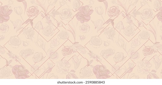 Handcrafted repeating pattern of faded roses and geometric lines on beige background, for gift wrap and wallpaper