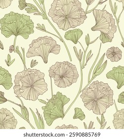 Handcrafted repeating pattern of ginkgo leaves and flowers in pale green and beige on light background, for gift wrap and wallpaper