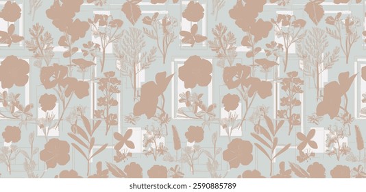 Handcrafted repeating pattern of stylized botanical elements in muted, earthy tones on pale blue background, for gift wrap and wallpaper