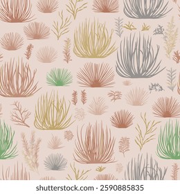 Handcrafted repeating pattern of stylized desert plant clumps in various colors (orange, green, gray, beige) on light beige background, for gift wrap and wallpaper