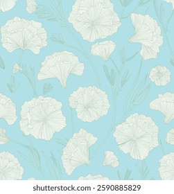 Handcrafted repeating pattern of white ginkgo leaves and poppy-like flowers on light blue background, for gift wrap and wallpaper