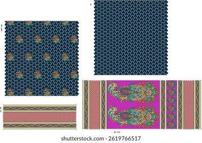 Handcrafted Saree Set Illustration Featuring Rich Border Work and Intricate Body Designs