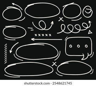 Handcrafted scribble elements. Hand drawn circles,chat bubble, arrows collection on black background.Vector illustration