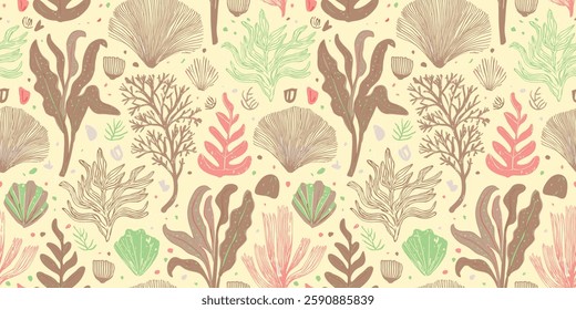 Handcrafted seamless pattern of stylized seaweed and seashells in muted, earthy tones, for gift wrap and wallpaper