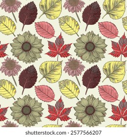 Handcrafted seamless patterns with traditional Leaf, leaves elements, stylized flowers, and watercolor-inspired textures.