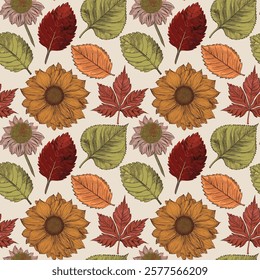 Handcrafted seamless patterns with traditional Leaf, leaves elements, stylized flowers, and watercolor-inspired textures.