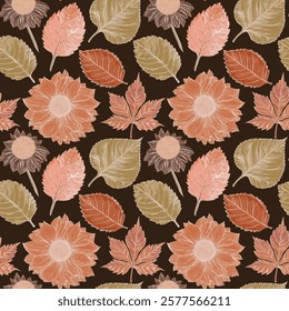 Handcrafted seamless patterns with traditional Leaf, leaves elements, stylized flowers, and watercolor-inspired textures.