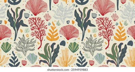 Handcrafted seamless repeating pattern of stylized coral and seaweed in varied colors on light background, for gift wrap and wallpaper