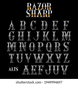 Handcrafted set of shaded and beveled capital letters with median spurs, inspired by nineteenth century printed ephemera.