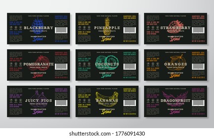 Handcrafted Spread or Jam Labels Template Collection. Abstract Vector Packaging Design Layouts Set. Modern Typography Banners with Hand Drawn Fruits, Berries and Nuts Silhouettes Background. Isolated.