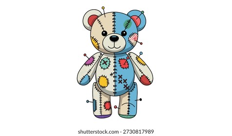 Oso de peluche vudú de estilo artesanal hecho de tela de retazos de colores con puntos visibles y pasadores de costura pegados en su cuerpo suave.