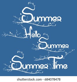 Handcrafted Summer, hello summer, summer time calligraphic design vector set with branches, birds, and butterflies for inscription.banners, labels, illustration, grunge, graphics, typeface, vintage 