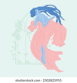 Handcrafted vector drawing of a classic woman in Art Nouveau, featuring detailed ornaments and flowers, classical influences, contemporary fashion design, long hair.
