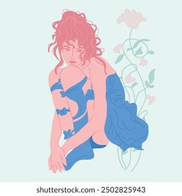 Handcrafted vector drawing of a woman in a classic Art Nouveau style, with intricate ornaments and floral details, traditional art, contemporary fashion design.