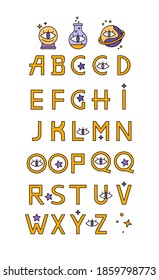 Handcrafted Vector Esoteric Font And Icon Set. Letters For Mobile Applications For Fortune Telling, Astrologers And Tarot Reading. Religion, Spirituality, Occultism, Magic, Mysticism, Alphabet, Evil 