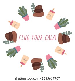 Coroa meditativa vetor artesanal com ícones de estilo plano. Um fundo de estilo de vida saudável com vários símbolos de meditação e motivos relaxantes