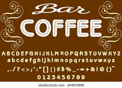 handcrafted vector script calligraphy font typeface,vector,labels,illustration,letters,grunge,graphics,banners,vintage in design with decoration named coffee bar
