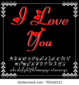 Handcrafted vector script calligraphy font, letters named I love you. Hand drawn typeface font vintage alphabet script. Handwritten ornaments and lettering. Hard decorated calligraphic letters,symbols