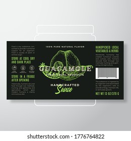 Handcrafted Vegetables Guacamole Sauce Label Template. Abstract Vector Packaging Design Layout. Modern Typography Banner with Hand Drawn Tomato, Chilly and Avocado Silhouettes Background. Isolated.