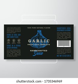 Handcrafted Vegetables and Herbs Sauce Label Template. Abstract Vector Packaging Design Layout. Modern Typography Banner with Hand Drawn Garlic Silhouette Background. Isolated.