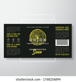 Handcrafted Vegetables and Herbs Sauce Label Template. Abstract Vector Packaging Design Layout. Modern Typography Banner with Hand Drawn Onion Silhouette Background. Isolated.