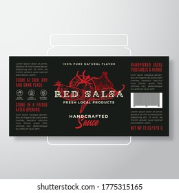 Handcrafted Vegetables Salsa Sauce Label Template. Abstract Vector Packaging Design Layout. Modern Typography Banner with Hand Drawn Tomato, Chily Pepper and Garlic Silhouettes Background. Isolated.