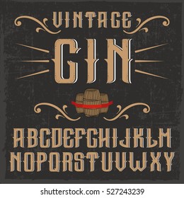 Handcrafted 'Vintage Gin' font with casks and decorations, dusty background