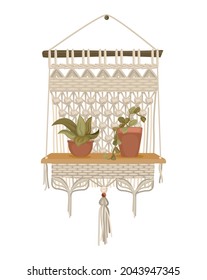 Handcrafted wall hanging with shelf for home flower in macrame decor style isolated object on white background vector illustration