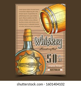 Handcrafted Whiskey Advertising Banner Vector. Circle Whiskey Bottle With Stylish Cork Cap And Wooden Barrel. Alcoholic England Beverage Modern Flask With Blank Label in Sun Form Color Illustration