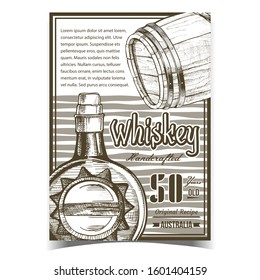 Handcrafted Whiskey Advertising Banner Vector. Circle Whiskey Bottle With Stylish Cork Cap And Wooden Barrel. Alcoholic England Beverage Modern Flask With Blank Label Monochrome Illustration