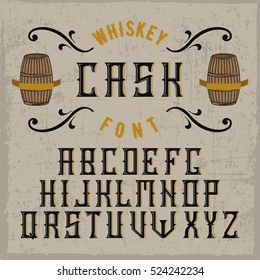 Handcrafted whiskey font with a cask and decorations, dusty background