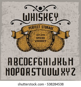 Handcrafted 'Whiskey' font with a ribbon and vintage barrels, vintage  background 