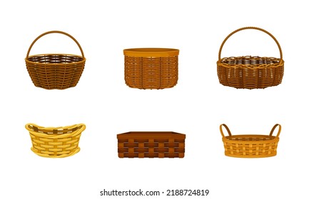 Handcrafted wicker baskets set. Container for picnic or Easter holiday vector illustration