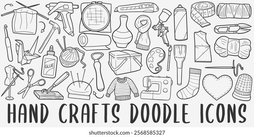 Handcrafts Doodle Icons. Hand Made Line Art. Crafting Tools Clipart Logotype Symbol Design.