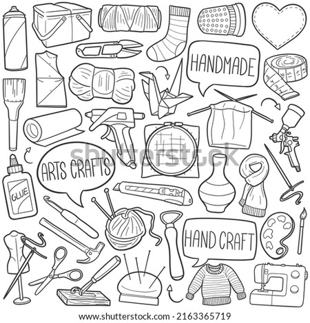Handcrafts Doodle Icons. Hand Made Line Art. Crafting Tools Clipart Logotype Symbol Design.