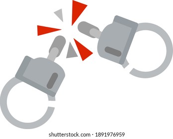 Handschellen. Symbol der Festnahme des Täters. Element von Polizei und Gefängnissen. Einschränkung der Freiheit und der Freilassung. Zerbrochene Fesseln für die Hand. Beschädigte Kette.