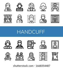 handcuff icon set. Collection of Lawyer, Prison, Prisoner, Judge, Jail, Jury, Law, Criminal, Arrest icons