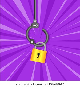 A handcuff with a key attached, hanging from a chain against a purple background with radiating lines vector illustration. Suitable for security crime and law content