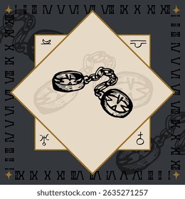 handcuff shackle chain alchemical symbol design engraving vector illustration in vintage old medieval style