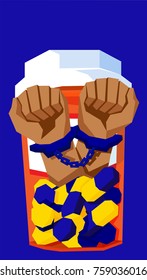 Handcuffed Fists Pushing Through A Pill Bottle - Opioid Addiction Concept Illustration