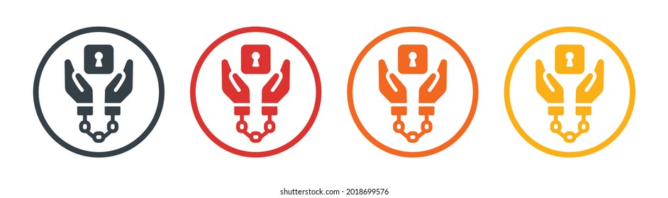 Juego de iconos de la mano esposada. Símbolo prisionero vector en diseño redondo.