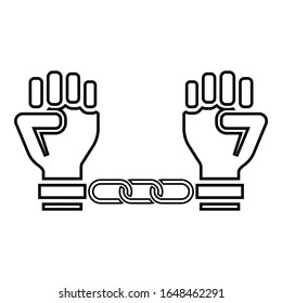 Manos esposadas Armas encadenadas Concepto de prisionero Manáculos a hombre Idea de detención Los cazadores confinan los hackles a la persona ícono contorno color negro ilustración vectorial imagen plana