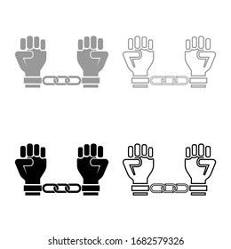 Manos esposadas Armas humanas Encadenadas Concepto de prisionero Manáculos sobre el hombre Ideas de detención Los cazadores confinan los hackles en la persona ícono contorno conjunto color gris negro ilustración vectorial imagen plana